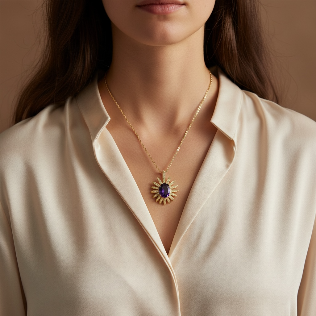 Amethyst Starburst Diamond Pendant 14K Yellow Gold 8.25CT