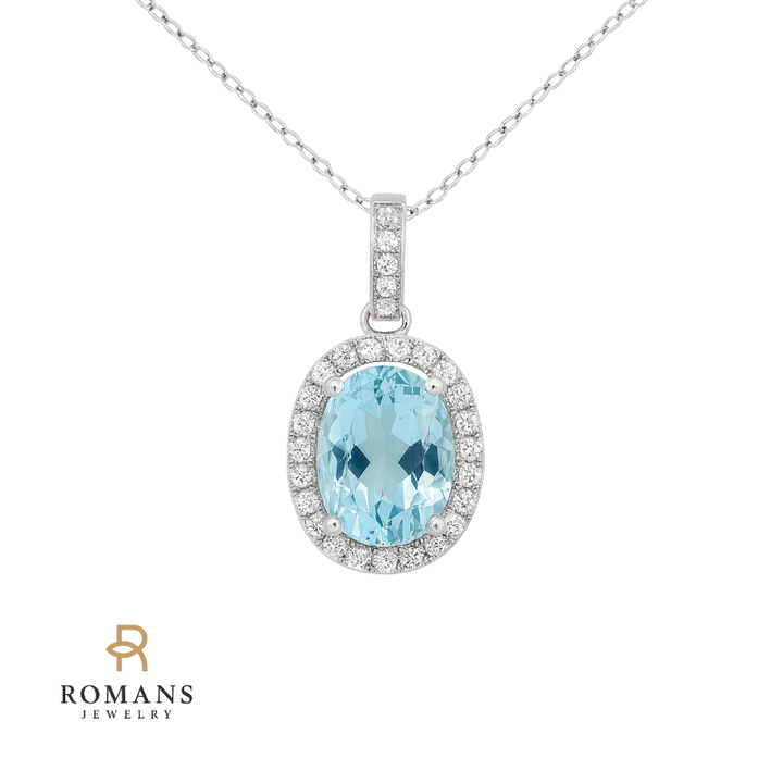 Aquamarine Diamond Halo Pendant 14K White Gold .98CT