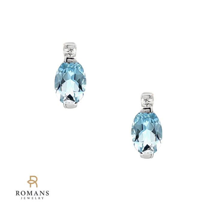 Aquamarine Diamond Semi Bezel Stud Earrings 14K White Gold 1.42 CTW