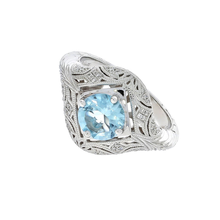 Aquamarine Diamond Vintage Inspired Ring 14K White Gold 1CT