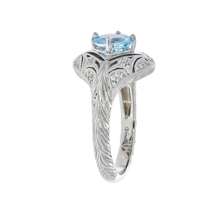 Aquamarine Diamond Vintage Inspired Ring 14K White Gold 1CT