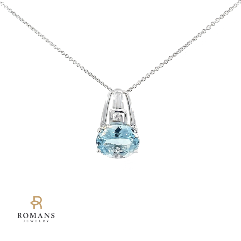 Aquamarine Greek Key Style Pendant 14K White Gold 2.42CT