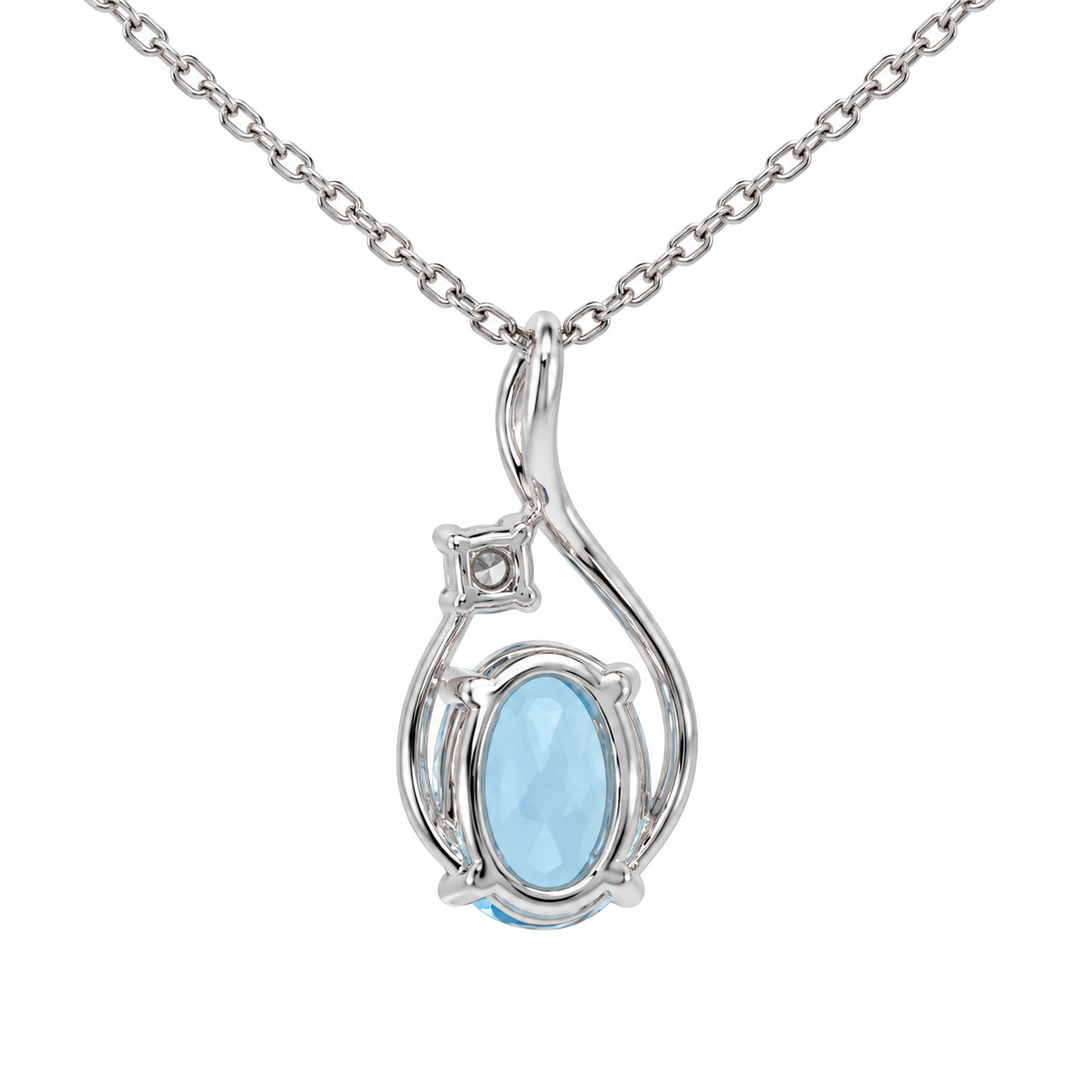 Blue Topaz Diamond Swirl Pendant 14K White Gold .83CT