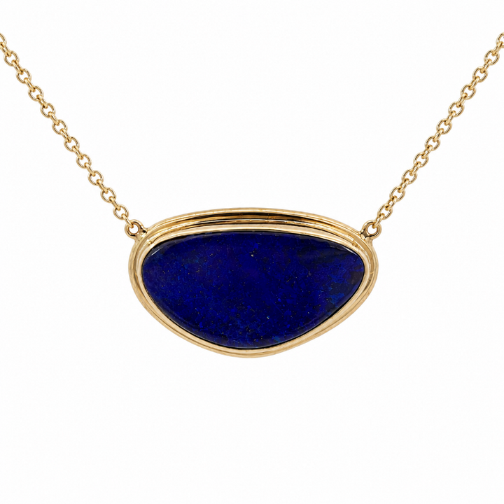 Bezel Set Black Boulder Opal Floating Necklace 14K Yellow Gold