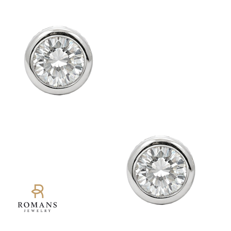 Bezel Round Diamond Natural Studs .50CTW 14K White Gold