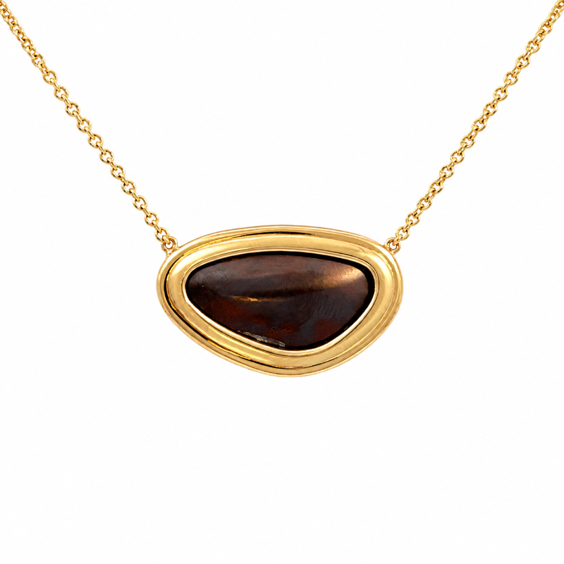 Bezel Set Black Boulder Opal Floating Necklace 14K Yellow Gold