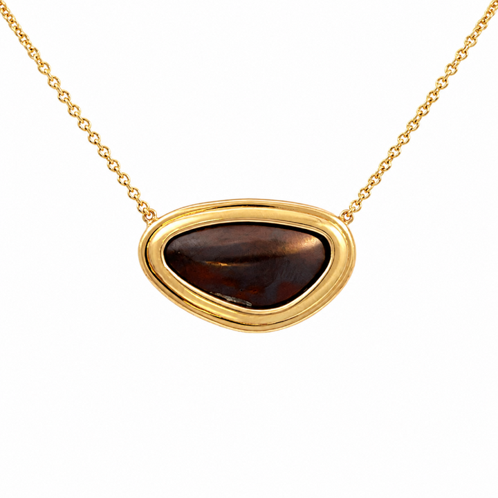 Bezel Set Black Boulder Opal Floating Necklace 14K Yellow Gold