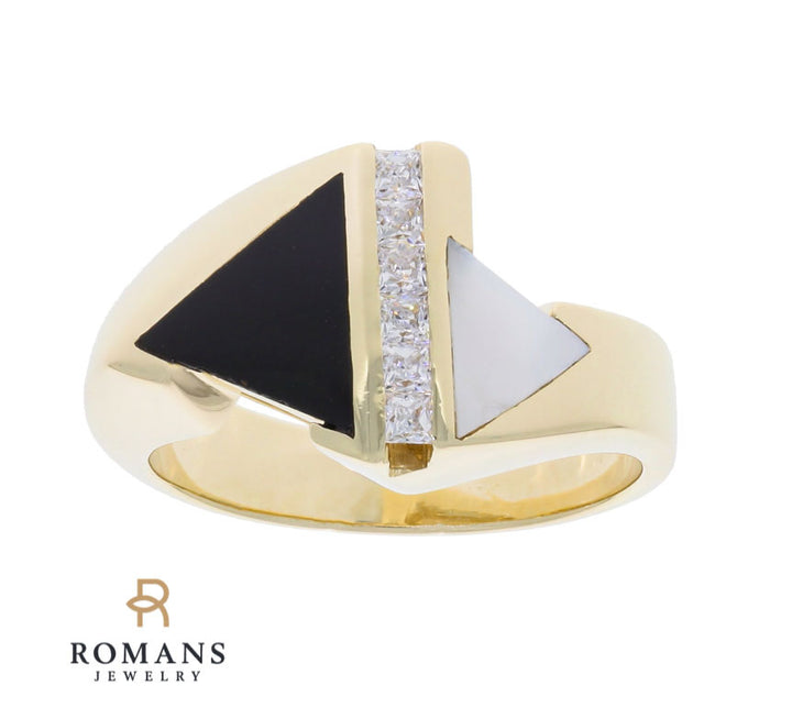 Black Onyx Mother of Pearl Ring  CZ 14K Yellow Gold