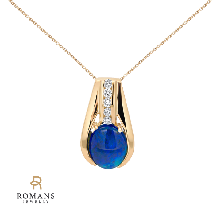 Black Opal Doublet & Diamonds 14K Yellow Gold