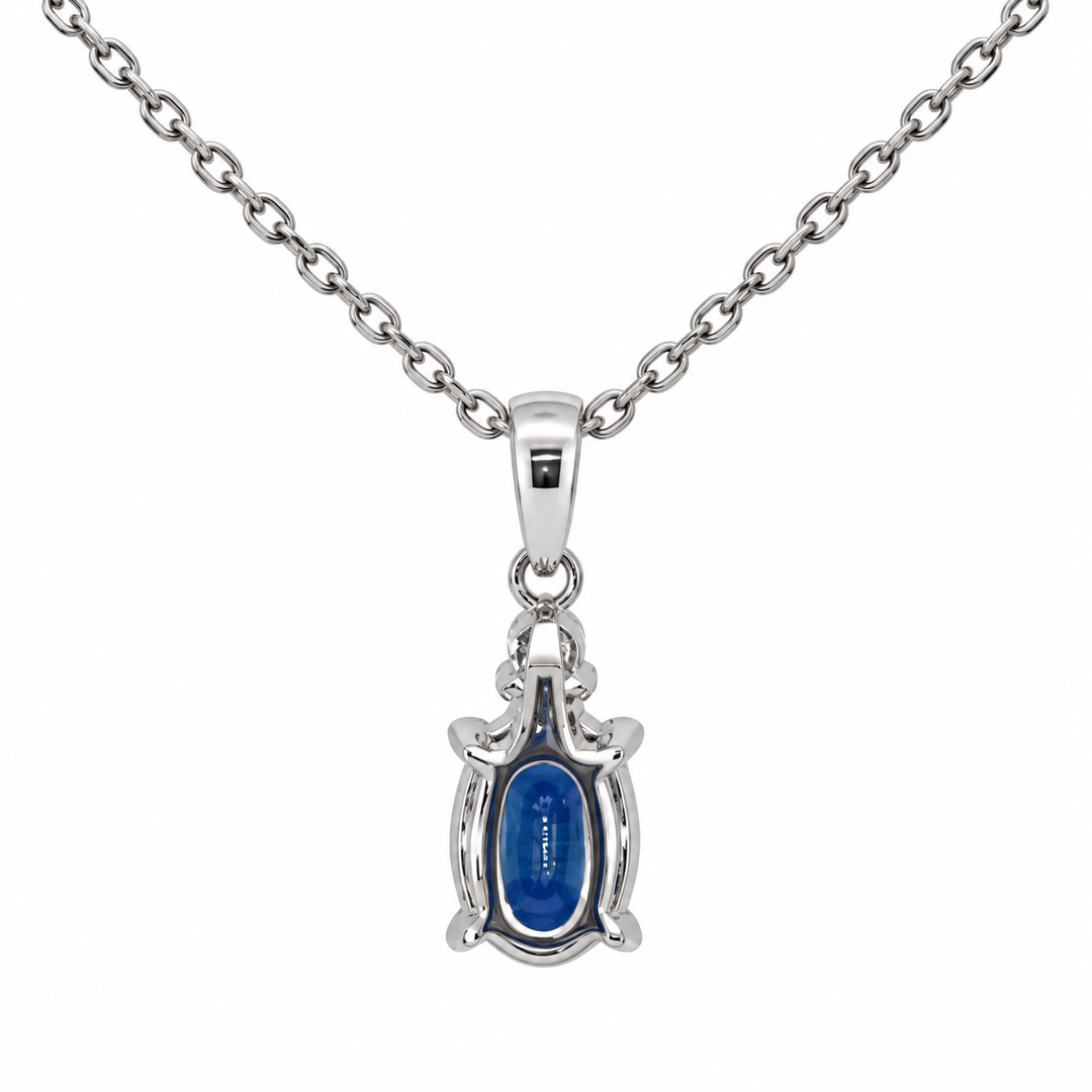 Natural Oval Sapphire &amp; Diamond Pendant 14K White Gold 1CT