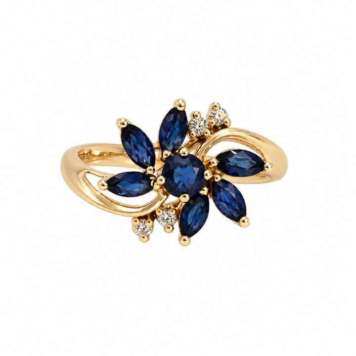 Blue Sapphire Diamond Flower Ring 14K Yellow Gold 0.92CTW