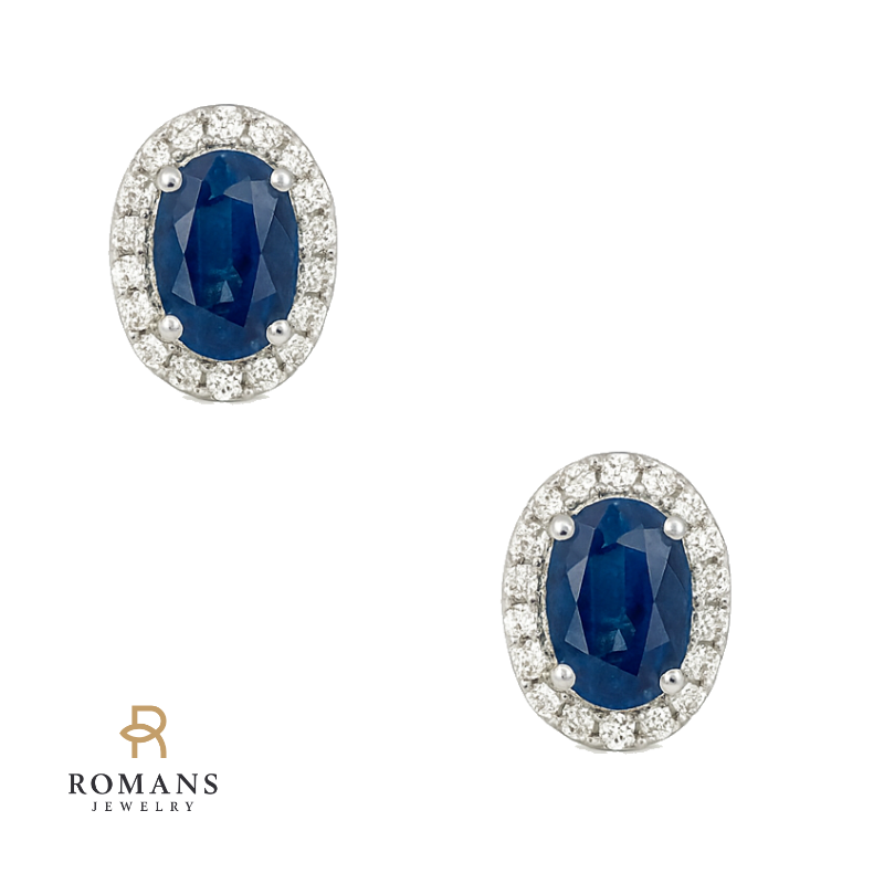 Blue Sapphire & Diamond Halo Studs 14K White Gold 1.04CTW