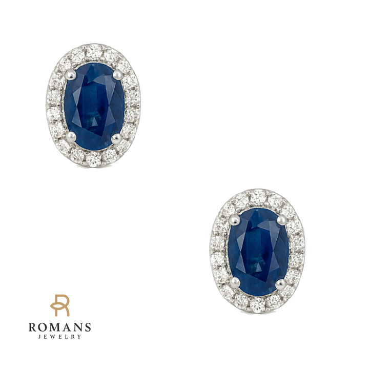 Blue Sapphire & Diamond Halo Studs 14K White Gold 1.04CTW