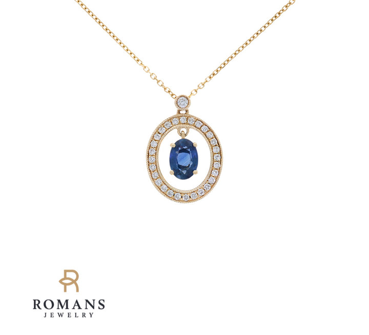 Blue Sapphire Floating Diamond Halo Necklace 14K Yellow Gold