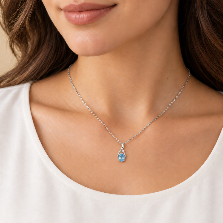 Blue Topaz Diamond Swirl Pendant 14K White Gold .83CT