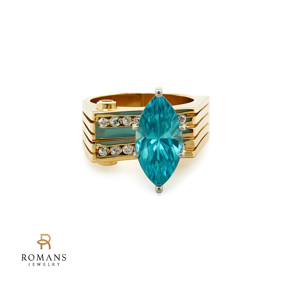 Blue Zircon Diamond Ring 14K Yellow Gold 4.55CT