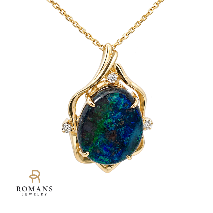 Boulder Opal Natural Diamond Pendant 14K Yellow Gold