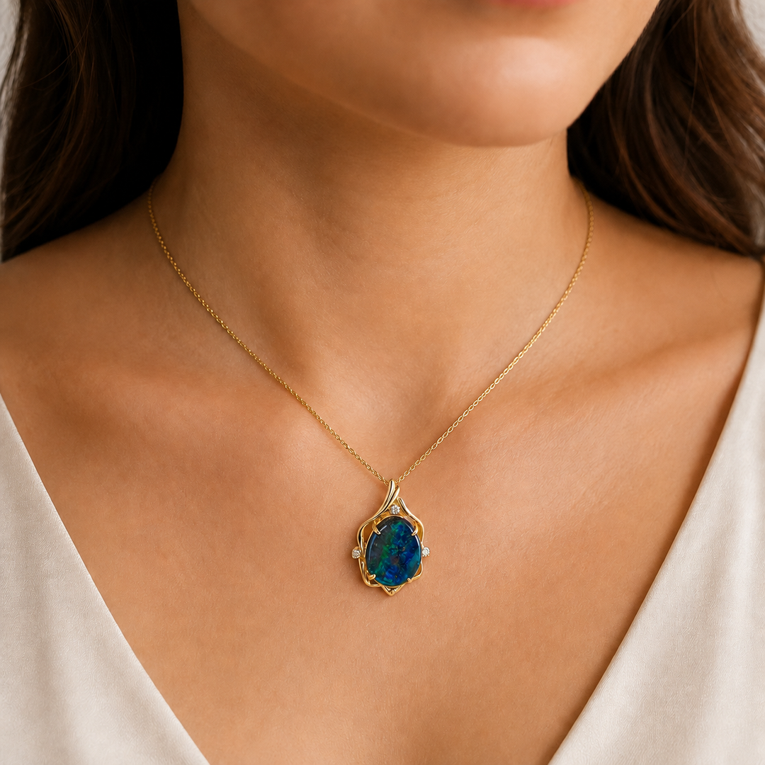 Boulder Opal Natural Diamond Pendant 14K Yellow Gold