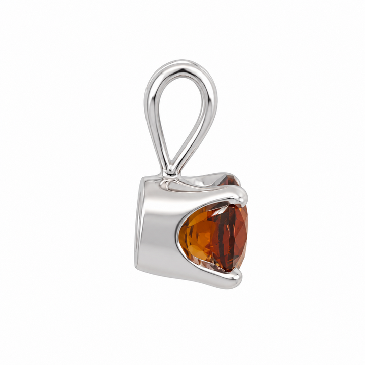 A silver pendant charm featuring a faceted amber-orange gemstone in a polished silver bezel setting with a loop bail at the top, shown on a plain white background.