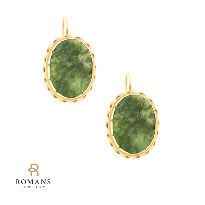 Carved Jade Earrings 14K Yellow Gold
