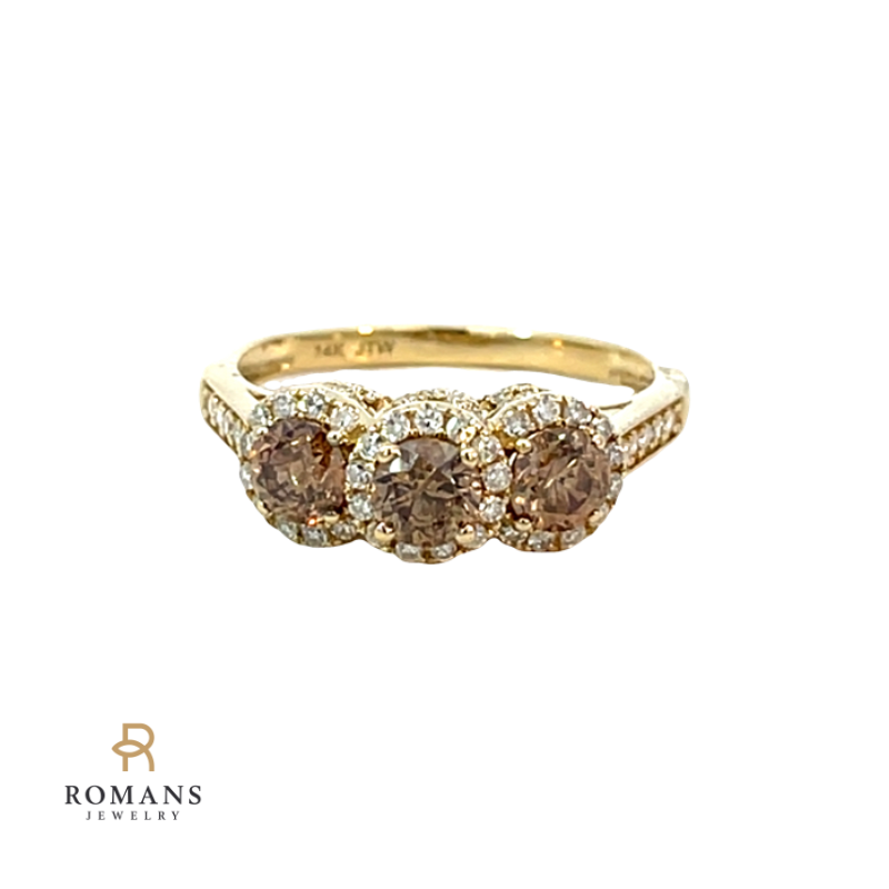 Champagne Three Diamond Halo Ring 14K Yellow Gold 1.50CTW