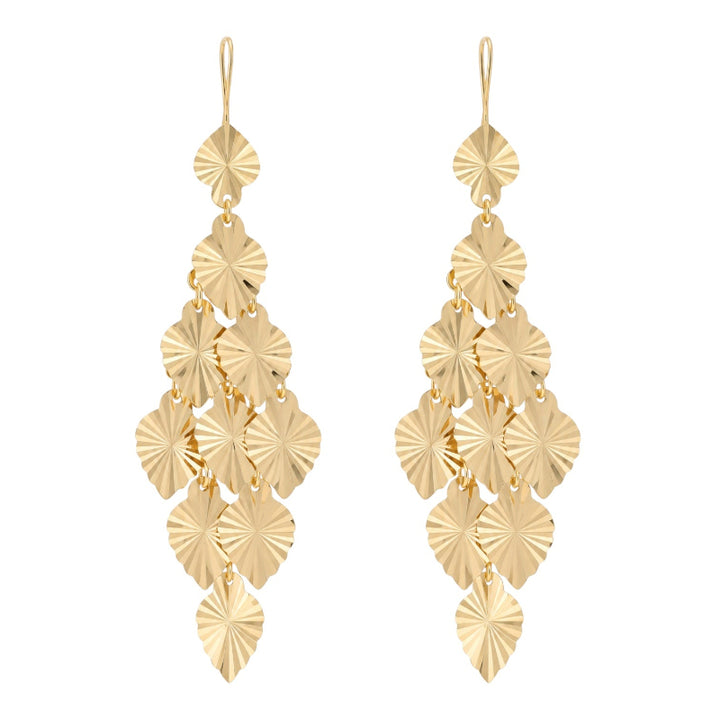 A pair of gold dangle earrings 22k yellow gold with a textured, starburst-like disc design, arranged in a cascading drop shape.