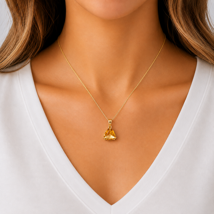 Citrine Trillion Cut Pendant 24CT 14K Yellow Gold