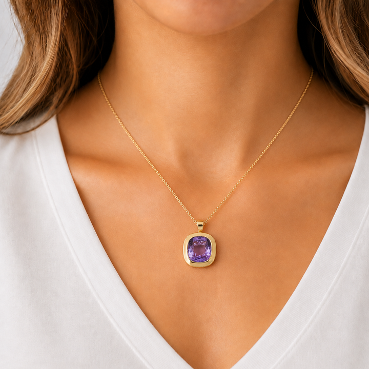 Elongated Cushion Amethyst Pendant 15.20CT 14K Yellow Gold