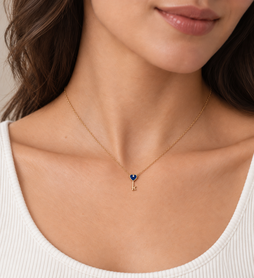 Lapis Diamond Heart Key Necklace 14K Yellow Gold .01CT