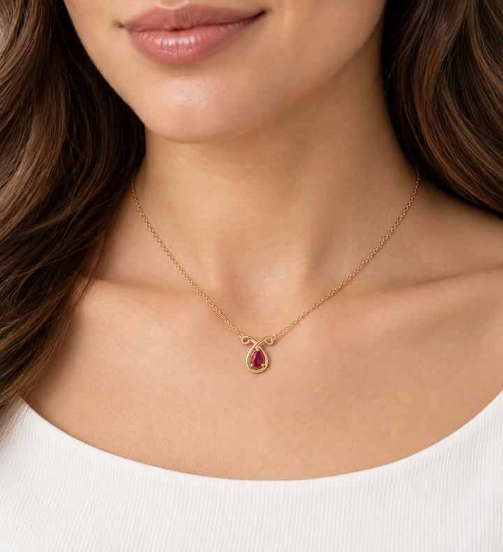 Ruby Ribbon Halo Necklace 0.58CT 14K Yellow Gold