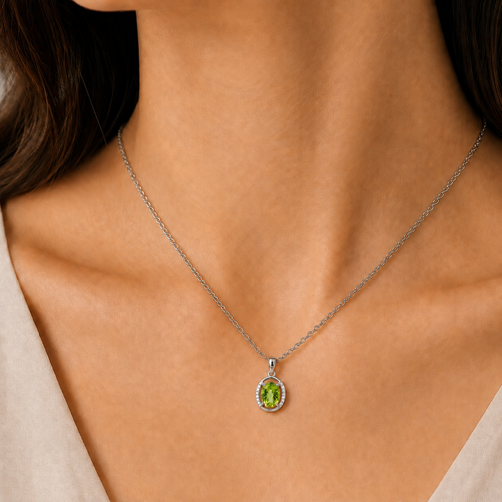Oval Peridot Diamond Halo Pendant 1.78CT 14K White Gold