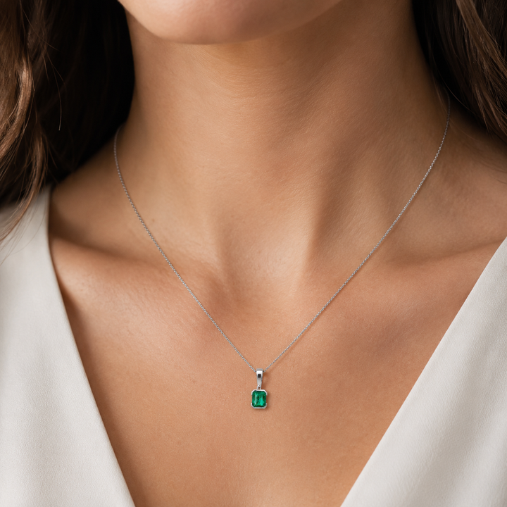 Emerald Semi Bezel Pendant 0.75CT 14K White Gold