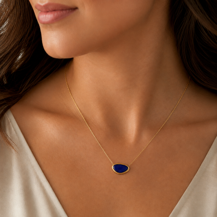 Bezel Set Black Boulder Opal Floating Necklace 14K Yellow Gold