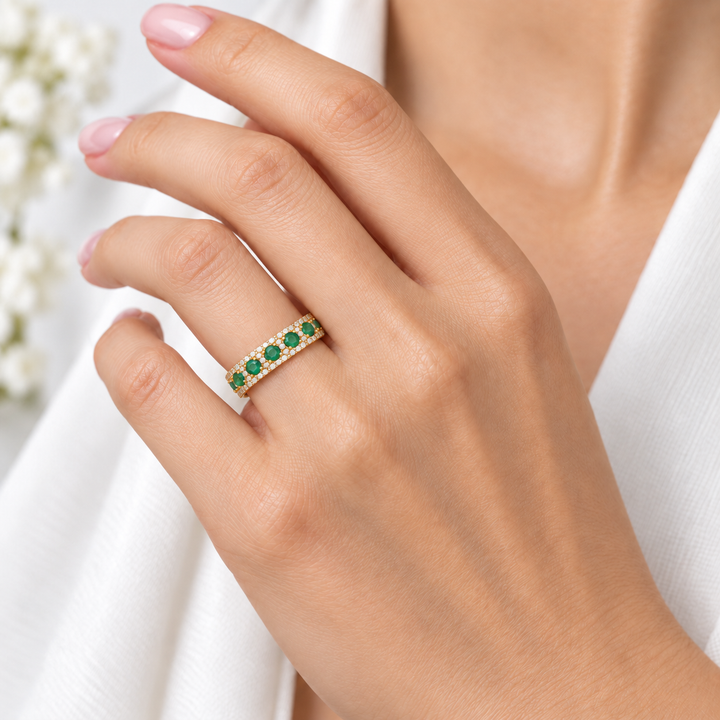 Emerald Diamond Halo Band 0.83CTW 18K Yellow Gold