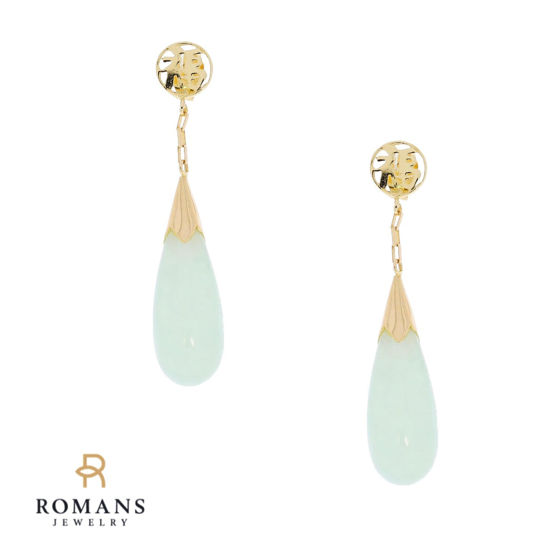 Chinese Fú 福 Tear Drop Jade Dangle Earrings 14K Yellow Gold