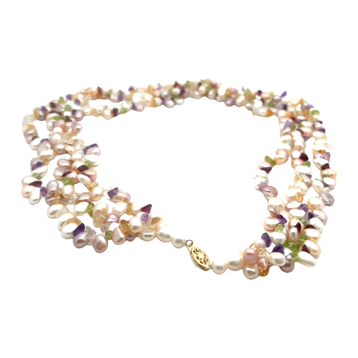 Pearl, Amethyst, Citrine, Peridot, White Topaz, Triple Strand Necklace 14K Yellow Gold