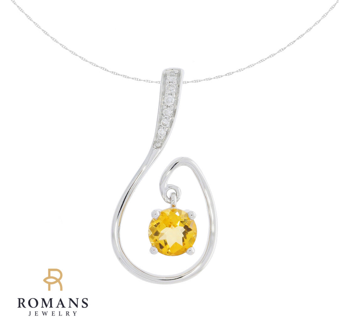 Citrine Diamond Freeform Pendant 14K White Gold .38CT