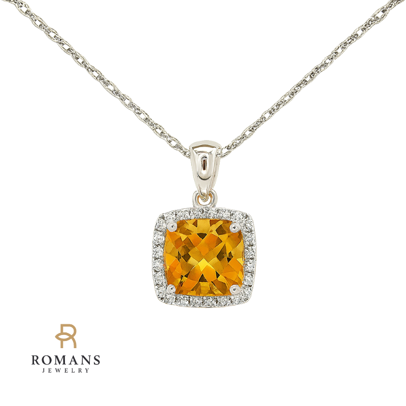 Citrine Diamond Halo Drop Pendant 14K White Gold 1.33CT