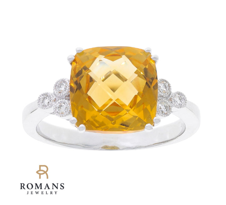 Citrine Diamond Ring 14K White Gold 3.97 CT