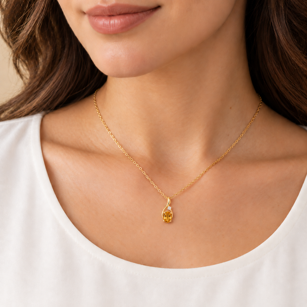 Citrine Diamond Swirl Pendant 14K Yellow Gold 1.07CT