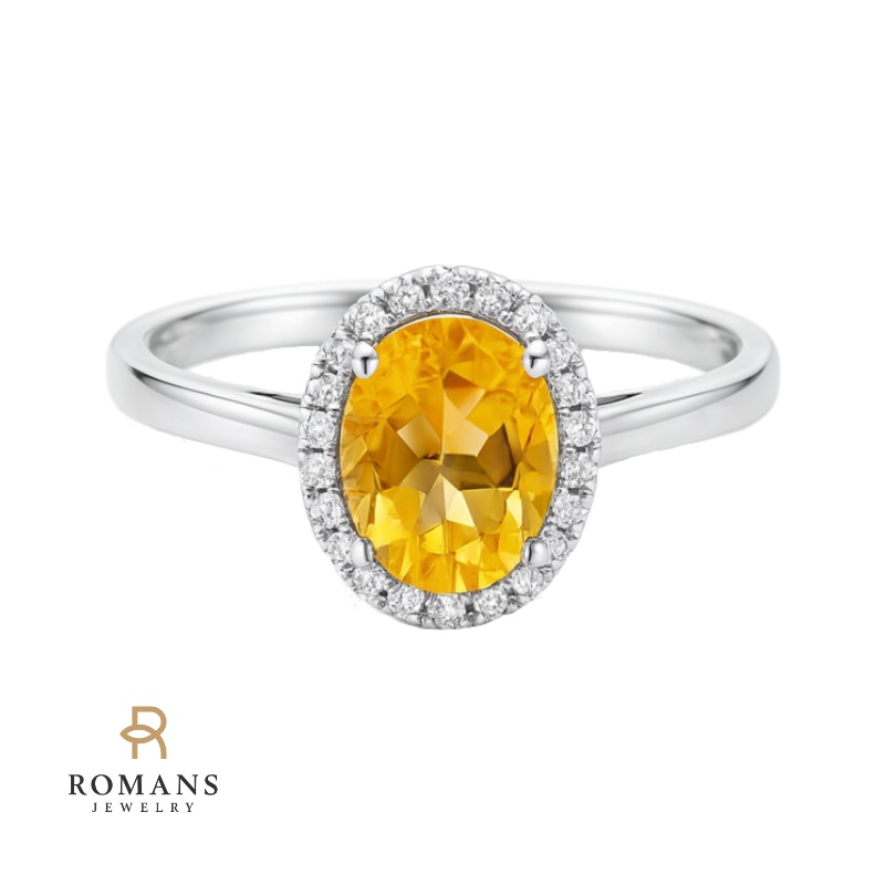 Classic Citrine Diamond Halo Cocktail Ring 14K White Gold .99CT