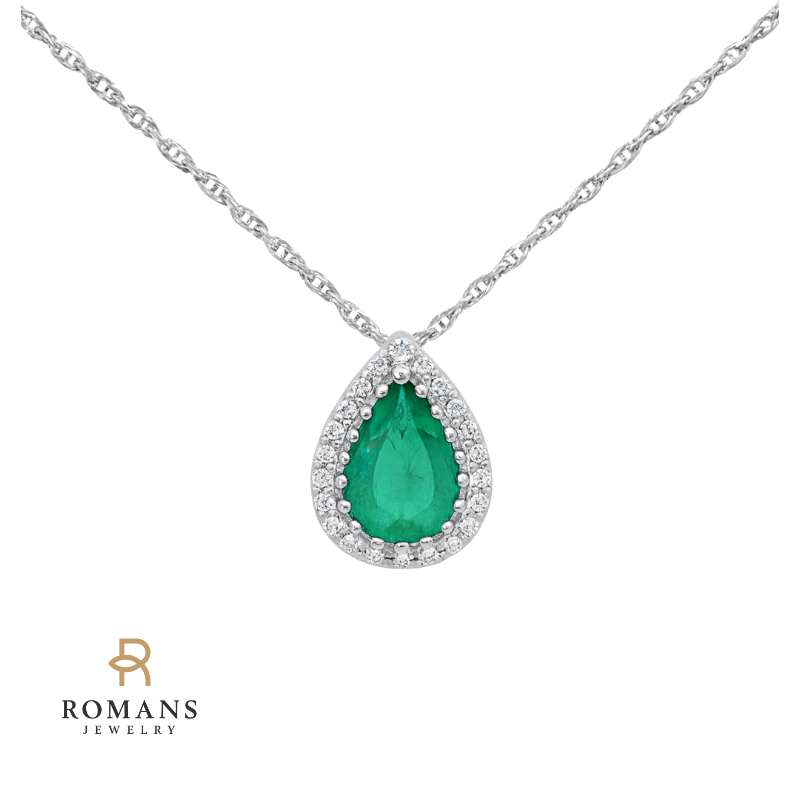 Classic Pear Emerald Diamond Halo Pendant 14K White Gold .58CT