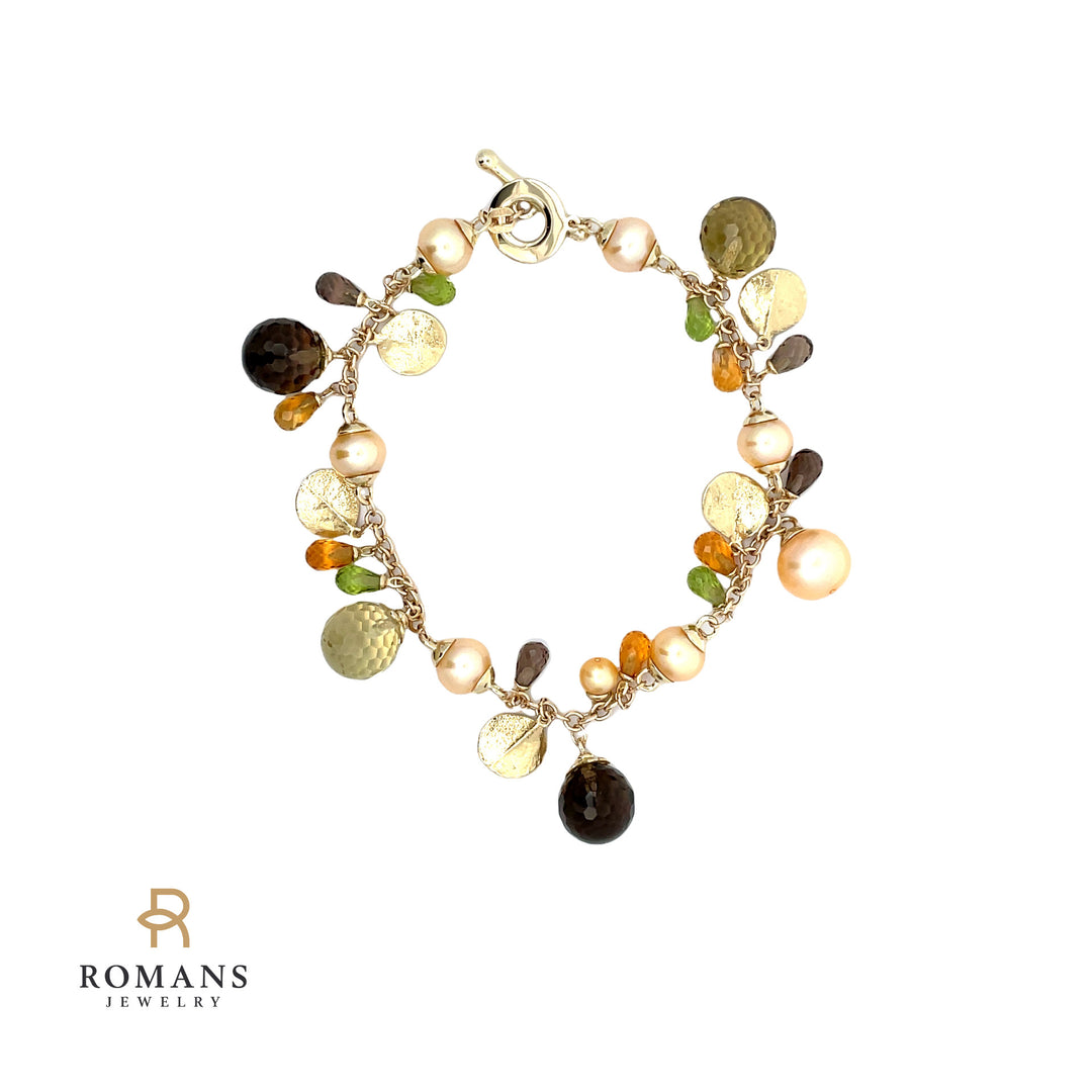 Colorful Gemstones Charm Peridot, Smoky Quartz Bracelet 14K Yellow Gold