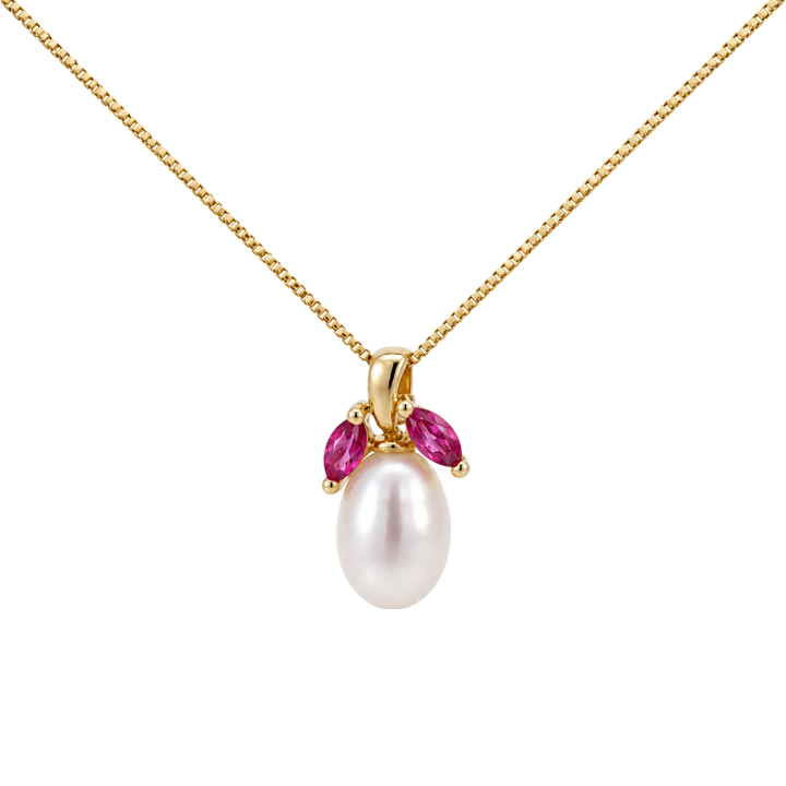 Cultured Pearl &amp; Ruby Fruit Pendant 14K Yellow Gold