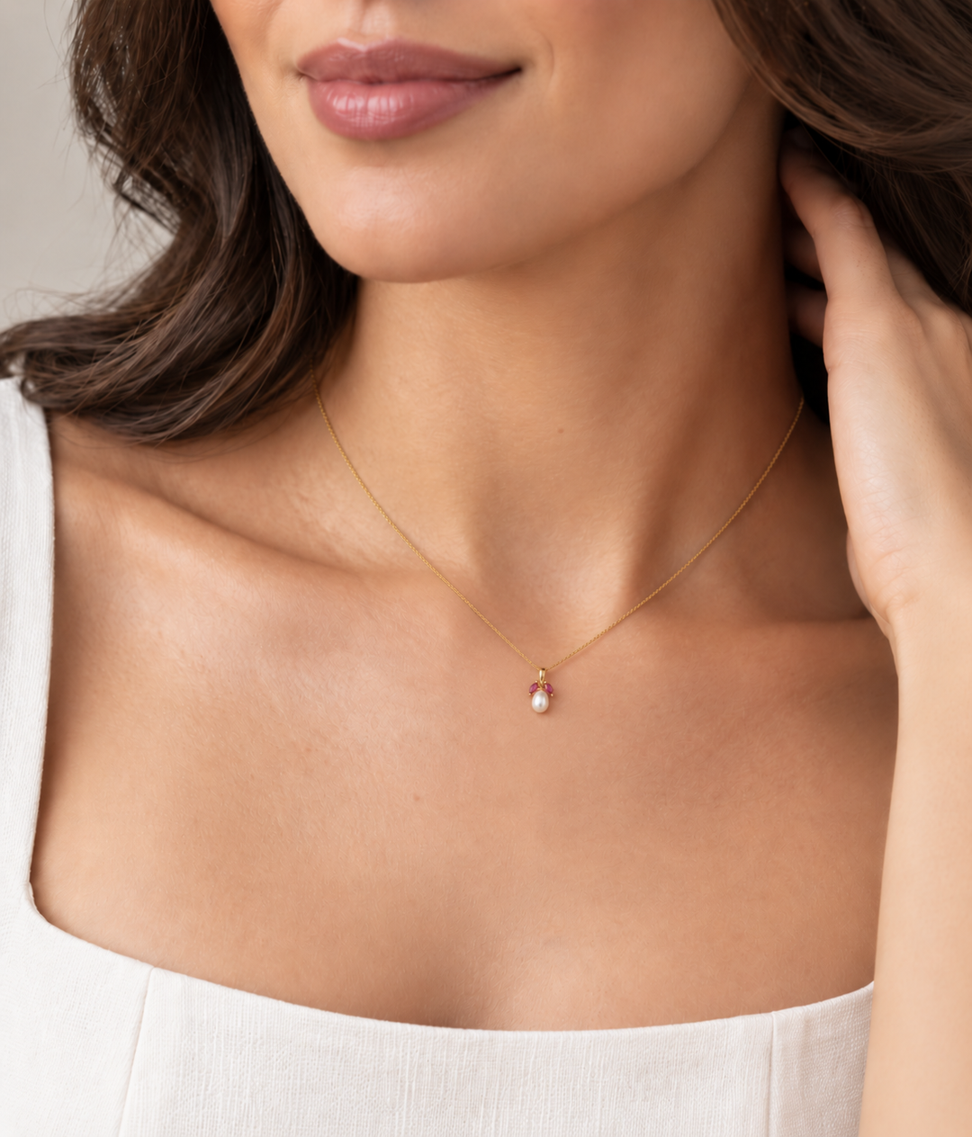 Cultured Pearl &amp; Ruby Fruit Pendant 14K Yellow Gold