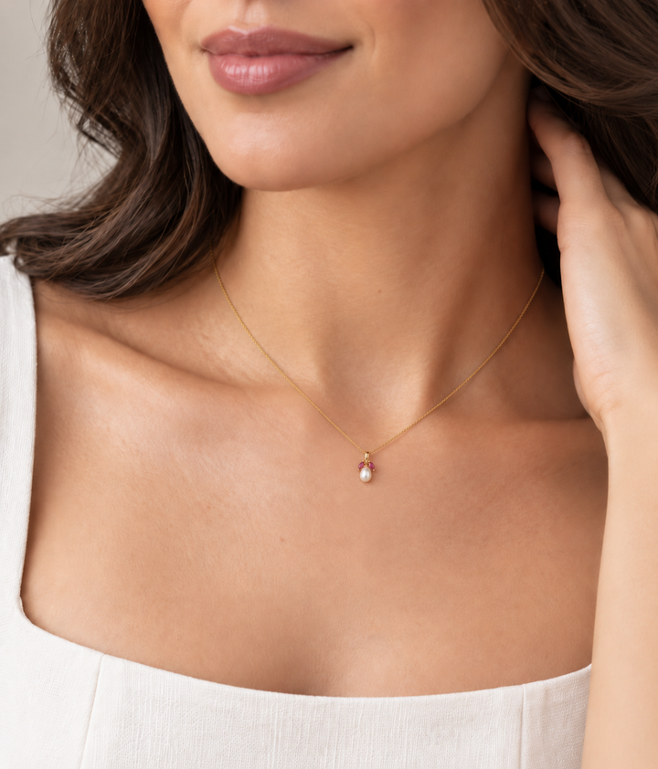 Cultured Pearl &amp; Ruby Fruit Pendant 14K Yellow Gold
