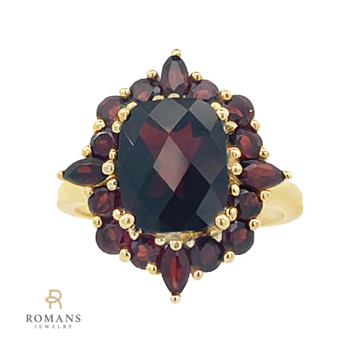 Cushion Cut Garnet & Garnet Halo Ring 14K Yellow Gold 4.36CTW