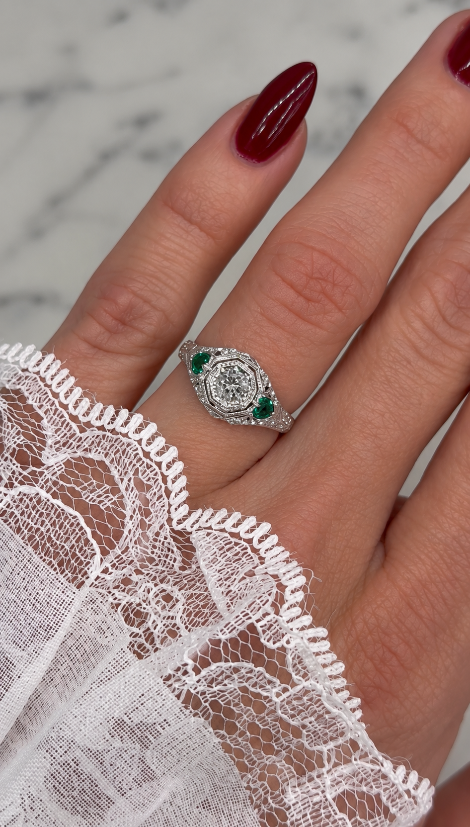 Vintage Diamond &amp; Emerald Filigree Ring 18K White Gold .32CTW