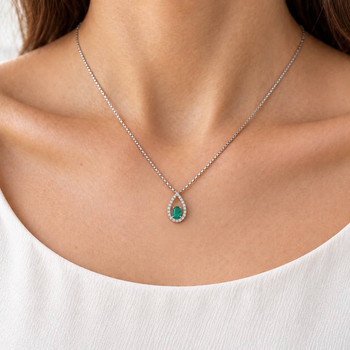 Emerald &amp; Diamond Halo Pendant 0.60CT 14K White Gold
