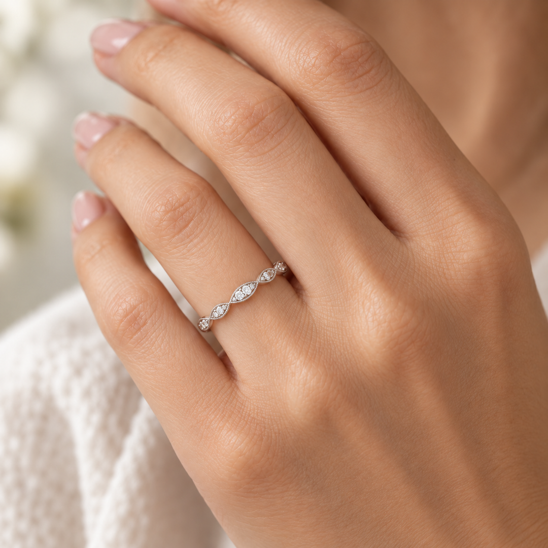Thin Diamond Milgrain Wedding Band 14K White Gold .18CTW